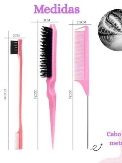Kit 3 Peças Profissional Beauty Tools para Cabelo e Maquiagem/Pente de Cauda Fina + Escova Provocadora de Sobrancelhas/Ideal para Penteados, Finalização, Volume, Definição, Modelagem e Uso Diário
