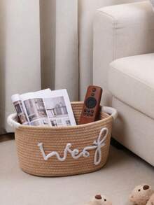 A Woven Rope Storage Basket With The Word "Woof" Embroidered On It - A Pet Toy Storage Basket, Capable Of Holding Teething Toys, Blankets And Leash Ropes. Navy Blue Handle, Stackable Design, Personalized Pet Storage Basket, Suitable For Cats And Dogs. Pet Gift.Storage Bins Baskets For Gifts,Storage Baskets,Storage Bins,Valentines Basket,Basket Storage - Multicolor - View 7