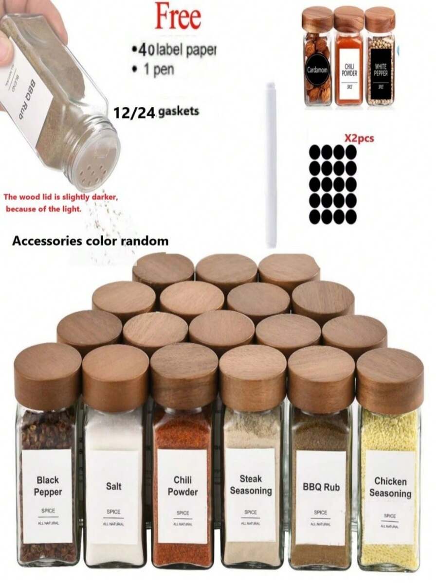 1/4/12/24 قطعة، 120 مل/4 أونصة، زجاجات توابل ملح وفلفل للمطبخ، برطمانات توابل زجاجية مع 40 ملصق توابل سوداء، قلم أبيض وقمع سيليكون قابل للطي، برطمانات دائرية مع تخزين التوابل بغطاء، اكسسوارات مطبخ (خشب الأكاسيا/فضي/أسود) - متعدد الألوان - مشاهدة 1
