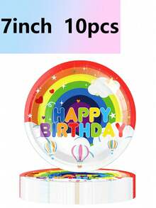 10件套云朵热气球彩虹模型主题派对用品节日生日派对用品一次性纸盘纸杯纸巾餐具套装露营旅行 - 彩色 - 查看 4