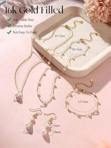 Milacolato Gold Jewelry Set For Women - 16K Gold Plated Pearl Necklace And Earring Set With Drop Earrings,Charm Layered Necklace,Adjustable Bracelets - Dainty Women's Pearl Jewelry Sets For Wedding Gifts - 金色 - 查看 3