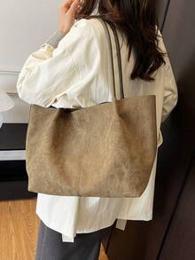 1pc Women's Faux Suede Tote Bag, Large Capacity, Extra Large Size, Scratch-Resistant , Can Hold Passport, Cash, ID, Credit Cards, Lightweight, Suitable For Commuting/Casual Outings, Solid Color Fashion - Green - View 1