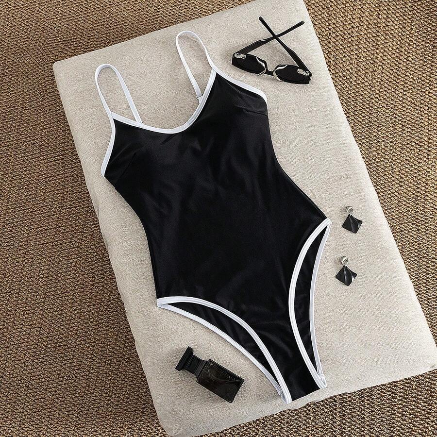 女士撞色滚边细肩带休闲黑色运动连体泳衣，夏季