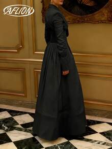 女士V领纽扣长袖衬衫裙，腰部系带，半开衩，时尚优雅简约复古米色连衣裙，适合约会、聚会、音乐会、嘉年华、酒吧、商务、情人节、休闲穿着 - 黑色 - 查看 9