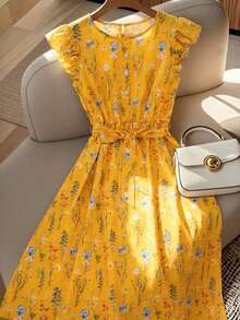 2026春夏女装黄色碎花A字中长连衣裙，休闲舒适成熟时尚假日派对连衣裙 - 彩色 - 查看 3