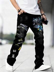 青少年男孩休闲印花牛仔裤，四季皆宜 - 黑色 - 查看 5