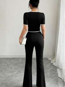 KKV Conjunto de dos piezas top ajustado de manga corta en color liso con pantalón - Negro - Ver 2