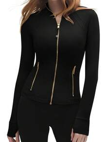 Women Golden Full Zip Up Workout Cropped Jackets Lightweight Athletic Yoga Tops - màu đen - Xem 8