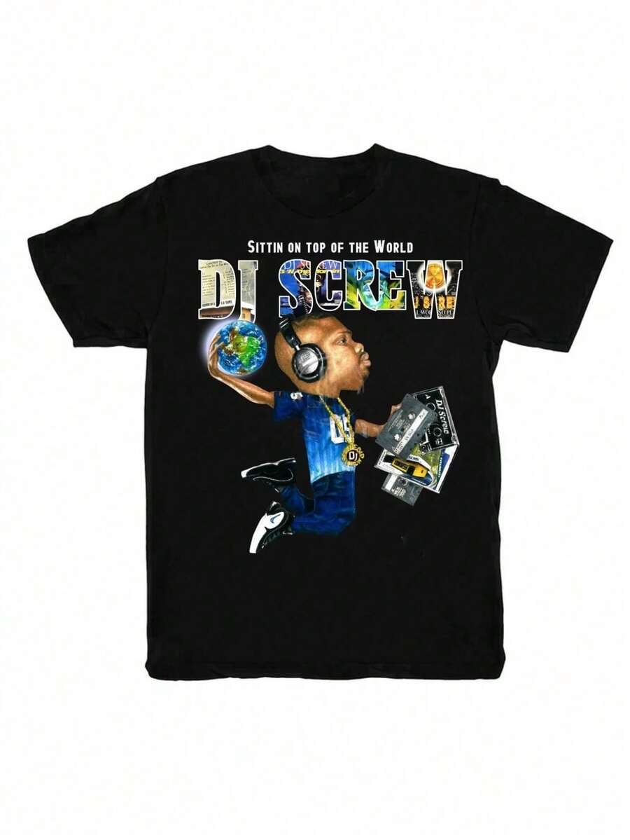 Kabuda DJ Screw Black Cotton-Shirt Men - Hop Style Short Sleeve Crew Neck Headphones Graphic Washable - Sizes XL Allseas - 黑色 - 查看 1