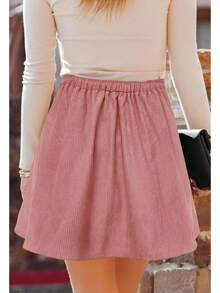 Women's Corduroy Mini Skirt - Button Front, A-Line Pleated With Pockets & Skater Style - Pink - View 3