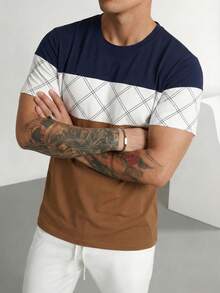 GRDR 男士休闲撞色圆领短袖T恤，商务风格，夏季款，1件装 - 藏蓝色 - 查看 6