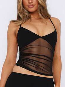 1 Piece Black Deep V-Neck Mesh Insert Sleeveless Tank, Sexy Elegant Bodycon Backless Top For Women, Perfect For Date Night, Evening Party And Special Occasions - màu đen - Xem 3