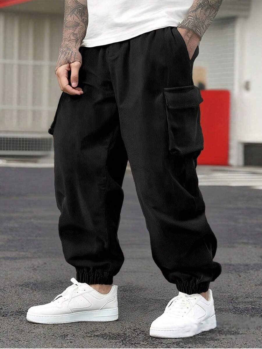 Pantalón de trabajo de pana para hombre, bestseller, múltiples bolsillos, pantalón casual ajustado en el tobilloÉxito de - Negro - Ver 1