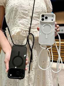 奢华斜挎项链挂绳透明磁吸无线充电手机壳,兼容 17 Pro Max、17 Pro、17 Air、17、16、15、14、13 Pro Max,玻璃保护软壳 - 黑色 - 查看 2