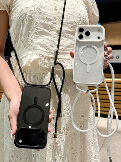 Custodia per telefono di lusso con collana a tracolla, ricarica senza fili magnetica trasparente, compatibile con 17 ProMax, 17Pro, 17, Air, 17, 16, 15, 14, 13 Pro Max, protezione in vetro, cover morbida