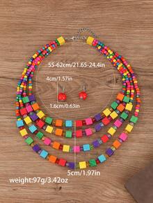 1 Set Handmade Multilayer Exaggerated Wooden Bead Necklace, Boho Style Bib Necklace For Women, Suitable For Beach, Party, Middle East Formal Occasions, Beautiful Jewelry Necklace & Earrings - Colorful - View 2