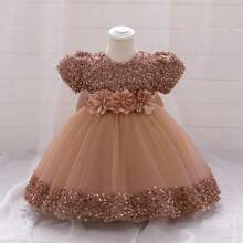 Pink Kids Clothes 2116 Big Bow 3D Flower Girls Frock Tulle Sequins Ball Gown Pageant Children Elegant Princess Prom Host Formal Evening Party Cocktail Dress 0-4Y - 咖啡 - 查看 1