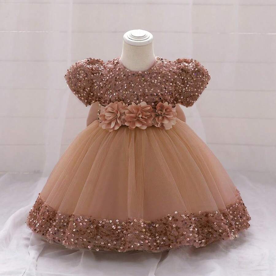 Pink Kids Clothes 2116 Big Bow 3D Flower Girls Frock Tulle Sequins Ball Gown Pageant Children Elegant Princess Prom Host Formal Evening Party Cocktail Dress 0-4Y - 咖啡 - 查看 1