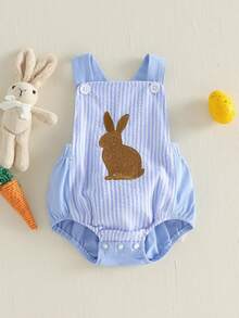 Conjunto de Pascua para bebé niño niña sin mangas con bordado de conejito a rayas con tirantes, mono de una pieza, ropa de verano - Azul - Ver 3