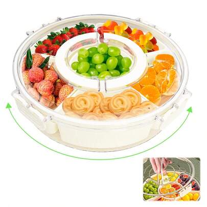 Rotating Snack Box With 6 Compartments 360° Divided Food Serving Tray With Transparent Lid And Handle Portable Round Snack Box For Fruits Sweets Nuts Spices White