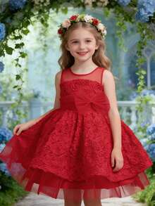 Christmas New Children's Party Tulle Dress, Red Performance Flower Girl Dress, Little Host Dress, Girls Princess Dress (Please Refer To The Size Chart In The Product Details To Select The Size) - 紅色 - 查看 2