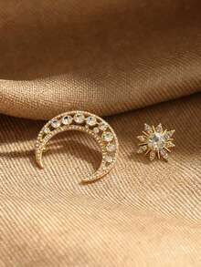 2pcs Irregular Star & Moon Combination Brooch, Sparkling Rhinestone, Suitable For Scarf, Shacket, Dress, Holiday Gift Accessory - Gold - View 3