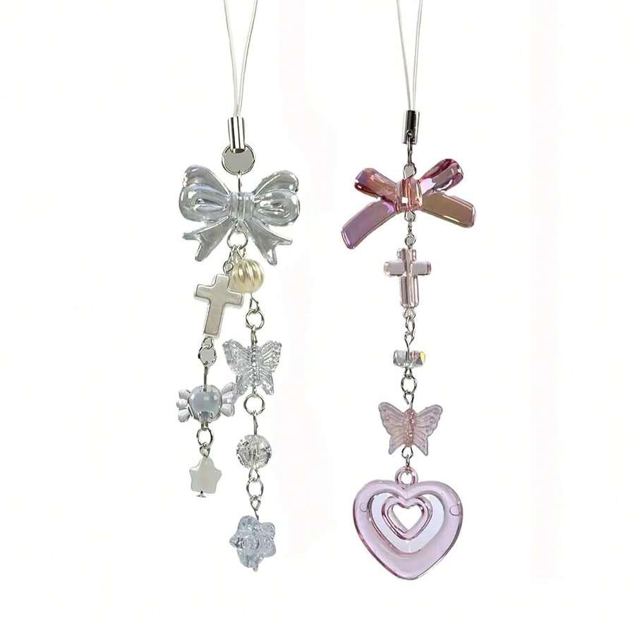 1-4PCS Cute Phone Charms Aesthetic Y2K Cell Phone Charms Strap Strawberry Butterfly Star PhoneCharm Y2K Accessories For Bag Keychain Camera Pendants Decor - 2xBowLoveBlueStar - 查看 1