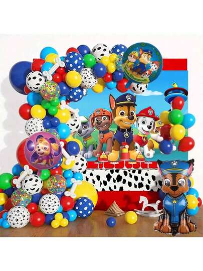 Paw Patrol 136 piezas de globos y decoraciones de fiesta de cumpleaños oficialmente autorizados en rojo, amarillo y azul, globo de papel de aluminio con forma especial de perro de 29.3" X 17", globo de papel de aluminio de 18", globos de látex rojos y azules