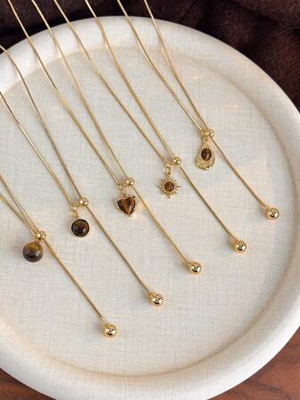 1pc Vintage Malachite Color Tiger Eye Stone Adjustable Necklace, Luxury Niche Fashion Accessory For Women, Autumn/Winter