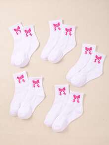 5双白色儿童中筒袜，儿童运动袜，白色袜子配粉色蝴蝶结，适合女孩日常穿着/搭配，新学期跑步袜，透气、舒适、柔软，适合1-16岁儿童 - 彩色 - 查看 5