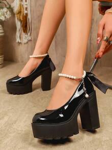 2026春夏秋季新款朋克风圆头高跟鞋，超高跟女鞋 - 黑色 - 查看 5
