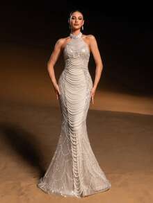 Faeriesty 奢华露背美人鱼晚礼服，饰以多层仿珍珠链和闪亮珠绣——完美适用于婚礼、盛大晚宴、颁奖典礼和正式女士聚会。春日度假派对 - 杏色 - 查看 6