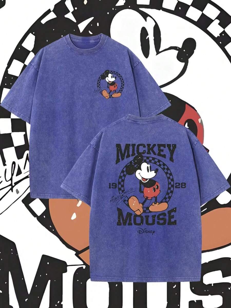 Authorized By Disney, Mickey 1928 Double-Sided Printed Pattern, Advanced 250g Washed Vintage Batik Thick Cotton T-Shirt, Fashionable And Exquisite Cotton T-Shirt, Suitable For Family Travel Gifts Or Disney Mickey Mouse Gifts. - Royal Blue - View 1