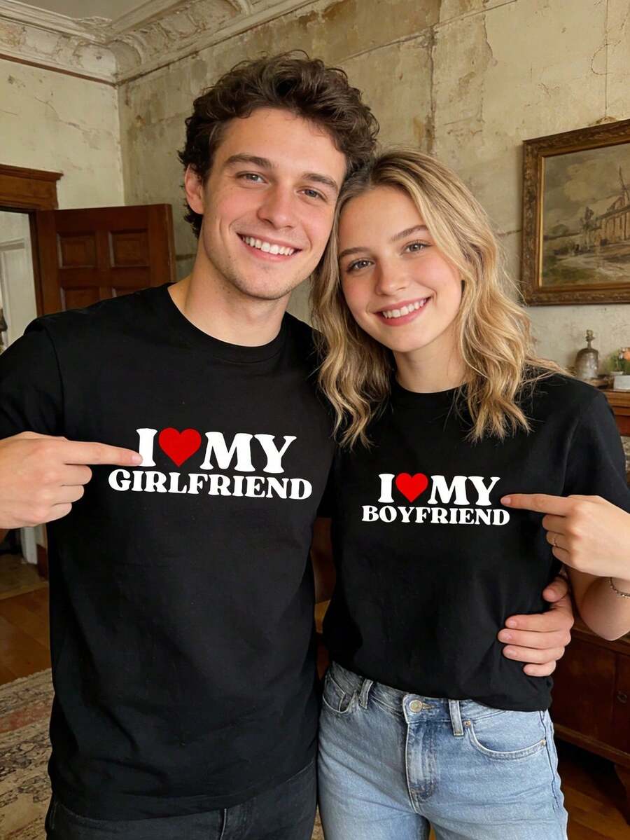 I LOVE My Girlfriend / I LOVE My Boyfriend Valentine's Day Couple T-Shirt Unisex, Simple And Fashionable, Casual Daily Holiday, Anniversary Gift, Gift For Boyfriend, Girlfriend, Husband, Lover Fun T-Shirt, Patterned T-Shirt - 男人 - 查看 1