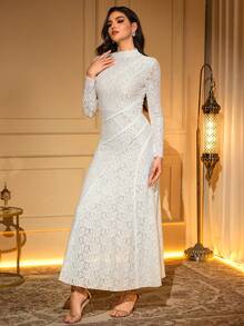 女士蕾丝拼接斜领长袖优雅浪漫连衣裙 - 白色 - 查看 5