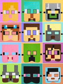 12pcs/Set Minecraft Pixel Battle Game Themed Masks - Steve, Alex, Villager, Passive Characters, Fun Photo Props, Suitable For Holidays, Halloween, Christmas, Family Gatherings, Birthday Parties, Cosplay Decoration