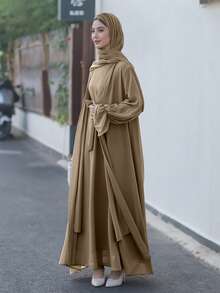 2pcs/Set Chiffon Abaya With Tie Waist Belt And Ruffle/Frill Trim - Khaki - View 2