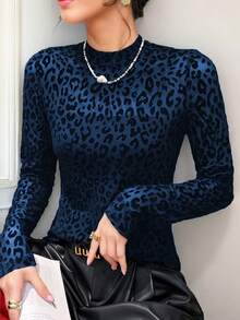 优雅青春的圆领长袖T恤，性感豹纹植绒网纱拼接，修身收腰休闲上衣 - 藍色 - 查看 2