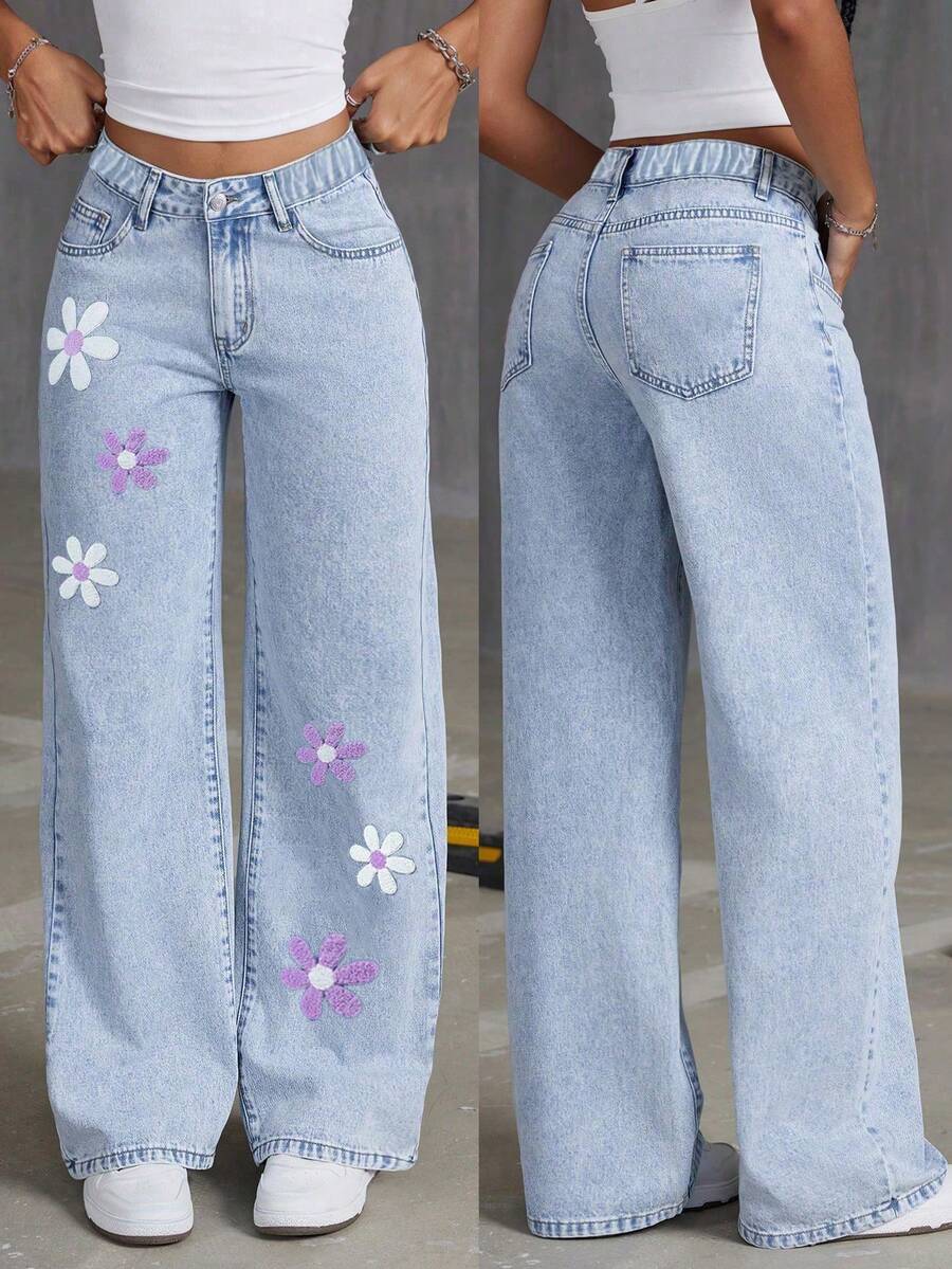 Teen Girls' Straight Loose Fashionable Cute Element Jeans - Baby Blue - View 1