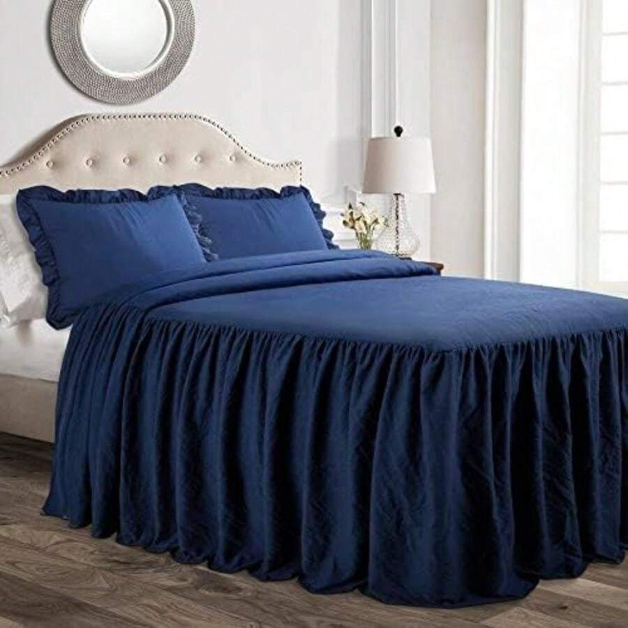Decor - Juego de Colcha de Falda con Volantes – Ropa de Cama de Lujo de 2 Piezas – Elegante Detalle de Volantes – Estilo Atemporal, sábanas Suaves y Ligeras – , Neutro(King Azul marino) - Multicolor - Ver 1