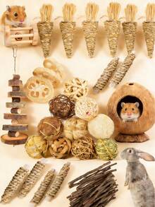 100g Natural Apple Wood Chew Sticks, Handwoven Natural Ball, Apple Wood Cage Hanging Chew Toys Set For Hamsters, Rabbits, Guinea Pigs And Other Pets - Multicolor - View 2