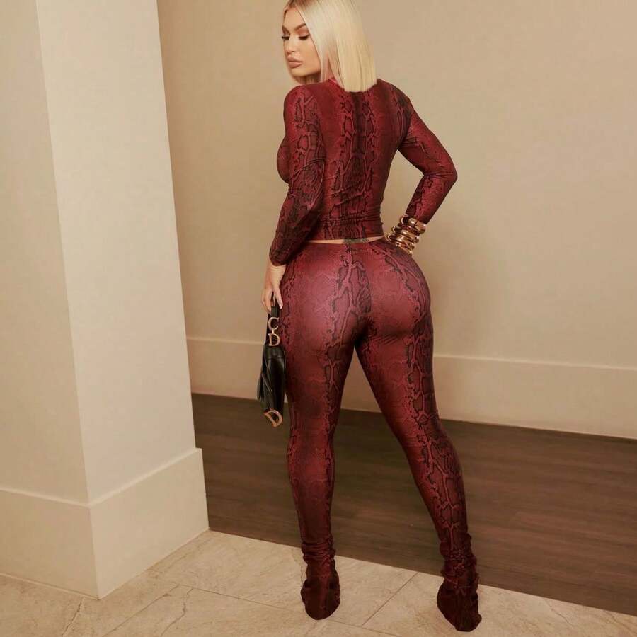 Women's Fashion Printed Long-Sleeved Top Tight Hip Tights Two-Piece Set - 紅色 - 查看 1