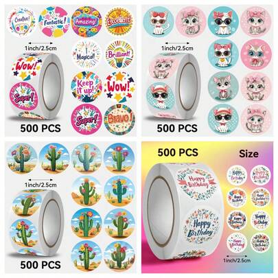 JOERBABU the little kangaroo Bobbie 500 miếng/cuộn, hình dán động viên, cây xương rồng, mèo mắt to, chúc mừng sinh nhật, rất thích hợp làm quà tặng, lễ Phục sinh, đồ tự làm, Ngày của Mẹ, trang trí quà tặng, cốc, bánh ngọt, văn phòng phẩm, phong bì và nhiều hơn nữa.