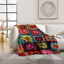 1pc Comfortable Colorful Crochet Floral Pattern Flannel Blanket, Bedroom Decor, Picnic Mat, Travel Throw, Wool Blanket, Bed Blanket, Plush Throw, Casual Blanket, Autumn Blanket, Summer Quilt, Bedroom Rug, Soft Blanket, Sofa Cover, Cool Fleece, Soft Polyester Knitted Design, Multi-Purpose, Machine Washable, Bedding, A Fluffy Blanket And Casual Throw, Ideal Gift For Family And Friends On Birthday, Anniversary, Everyday - 彩色 - 查看 5