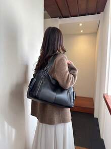 防水商务休闲PU手提包，多口袋设计，带隔层，多功能单肩斜挎包，适合年轻女孩、女大学生、白领和职场新人，完美适用于工作、商务通勤、购物、户外旅行和上学，大容量女包，新款时尚大容量女包，新款女式手提包 - 黑色 - 查看 5