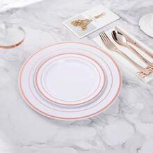 50/25/20/10/1pc Set White Base Rose Gold Rim Plates, Including 10.25" Large Plates And 7.5" Small Plates, Ideal For Family Gatherings, Birthday Parties, Outdoor Events, Holiday Parties, Weddings, Suitable For Multiple Occasions - White Background - View 4