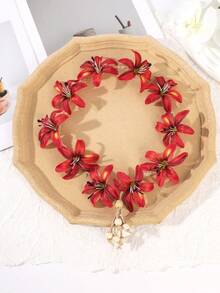 1Pc Garden Photoshoot Bridal Headdress,Tri-Color Faux Lily Flower Crown,Dangling Bead Strands For Fairy Look,Outdoor Wedding & Photography Accessories