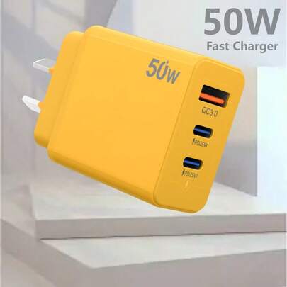 USB C Fast Charger Block, 50W 3-Port USB C Wall Charger PD25W Type C Charging Block, 2USB C+USB A /Support PPS Fast Charging Multiport Port Charger Compatible With IPhone 17 16 15 14 Pro Max, For Galaxy S25 S24 Ultra, Compatible With IPad