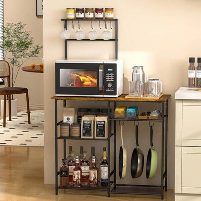 Baker's Rack For Kitchen With Storage, Microwave Stand With Adjustable Shelves And 10 S Hooks, 6-Tier Coffee Bar Station, Kitchen Shelves For Spices, Pots