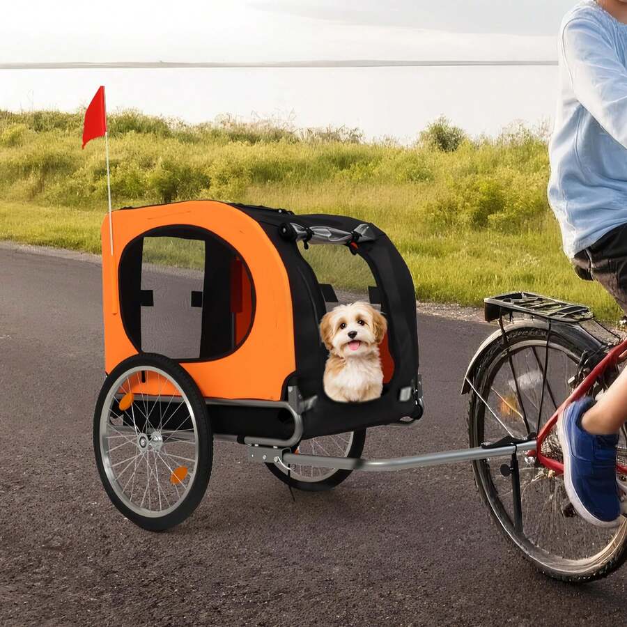 Remolque de Bicicleta para Perro, soporta hasta 80 Libras, Carro para Mascotas, Marco fácil de Plegar con Ruedas de liberación rápida, acoplador Universal de Bicicleta, reflectores, Bandera, Plegable - Naranja - Ver 1
